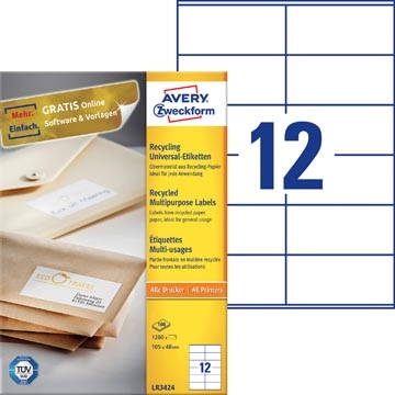 Een Avery Witte gerecycleerde universele etiketten ft 105 x 48 mm (b x h), 1.200 stuks, 12 per blad koop je bij Muys Kantoor & Kado