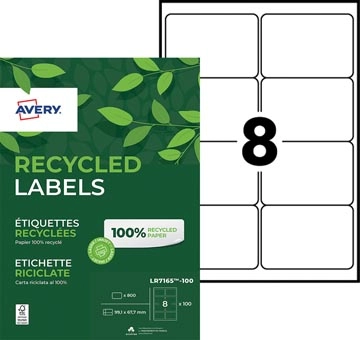 Een Avery gerecycleerde witte laseretiketten QuickPeel ft 99,1 x 67,7 mm (b x h), 800 stuks, 8 per blad koop je bij Muys Kantoor & Kado