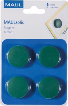 Een MAUL magneet Solid, 32 mm, trekkracht 800 gr, blister van 4 stuks, groen koop je bij Muys Kantoor & Kado