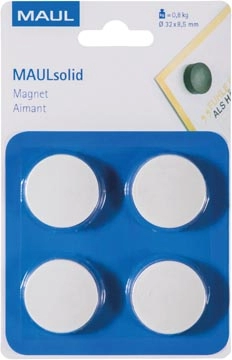 Een MAUL magneet Solid, 32 mm, trekkracht 800 gr, blister van 4, stuks, wit koop je bij Muys Kantoor & Kado