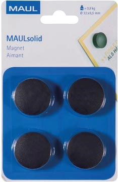 Een MAUL magneet Solid, 32 mm, trekkracht 800 gr, blister van 4 stuks, zwart koop je bij Muys Kantoor & Kado