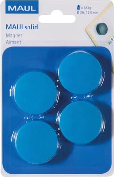 Een MAUL magneet Solid, 38 mm, trekkracht 1,5 kg, blister van 4 stuks, blauw koop je bij Muys Kantoor & Kado