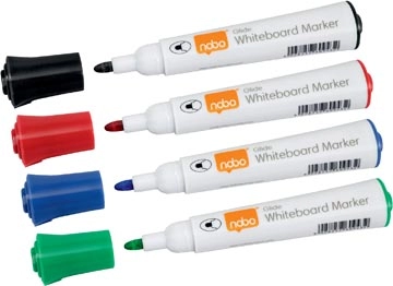 Een Nobo Glide whiteboardmarker, pak van 4 stuks, geassorteerde kleuren, op blister koop je bij Muys Kantoor & Kado