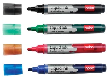 Een Nobo Witbordstift Geassorteerde kleuren: zwart, groen, rood en blauw, blister van 4 stuks koop je bij Muys Kantoor & Kado