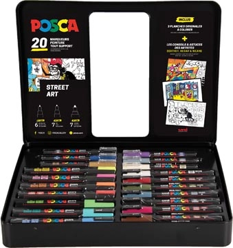 Een Posca paintmarkers, metalen doos van 20 stuks, in geassorteerde kleuren, ontwerp Street art koop je bij Muys Kantoor & Kado