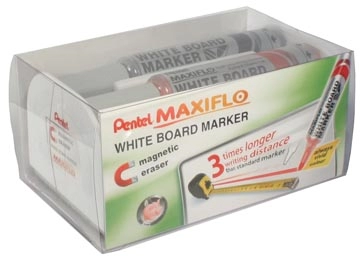 Een Pentel whiteboardmarker Maxiflo set van 4 stuks: blauw, rood, groen en zwart + magnetische bordwisser koop je bij Muys Kantoor & Kado