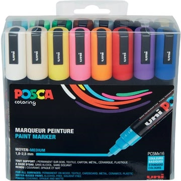 Een Posca paintmarker PC-5M, etui met 16 stuks in geassorteerde kleuren koop je bij Muys Kantoor & Kado