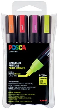 Een Posca paintmarker PC-5M, etui met 4 stuks in geassorteerde fluo kleuren koop je bij Muys Kantoor & Kado