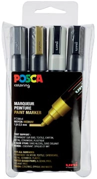 Een Posca paintmarker PC-5M, etui met 4 stuks in geassorteerde metallic kleuren koop je bij Muys Kantoor & Kado