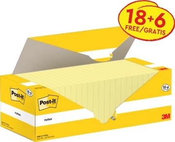 Een Post-it Notes, 100 vel, ft 76 x 127 mm, kanariegeel (canary yellow), 18 blokken + 6 GRATIS koop je bij Muys Kantoor & Kado