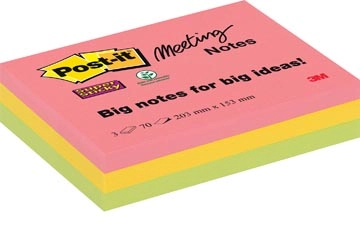 Een Post-it Super Sticky Meeting notes, 70 vel, ft 203 x 153 mm, geassorteerde kleuren, pak van 3 blokken koop je bij Muys Kantoor & Kado