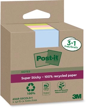 Een Post-it Super Sticky Notes Recycled, 70 vel, ft 76 x 76 mm, assorti, 3 + 1 GRATIS koop je bij Muys Kantoor & Kado