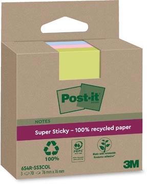 Een Post-it Super Sticky Notes Recycled, 70 vel, ft 76 x 76 mm, assorti, pak van 3 blokken koop je bij Muys Kantoor & Kado