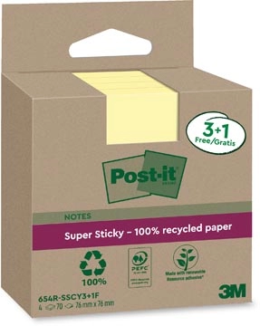 Een Post-it Super Sticky Notes Recycled, 70 vel, ft 76 x 76 mm, geel, 3 + 1 GRATIS koop je bij Muys Kantoor & Kado