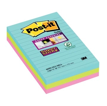 Een Post-it Super Sticky Notes XXL Cosmic, 90 vel, ft 101 X 152 mm, gelijnd, geassorteerde kleuren, pak van 3 koop je bij Muys Kantoor & Kado