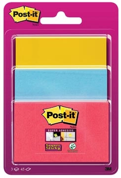 Een Post-it Super Sticky notes, 45 vel, 3 formaten, geassorteerde kleuren , op blister koop je bij Muys Kantoor & Kado