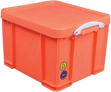 Een Really Useful Box opbergdoos 35 liter, neonoranje met witte handvaten koop je bij Muys Kantoor & Kado