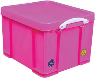 Een Really Useful Box opbergdoos 35 liter, neonroze met witte handvaten koop je bij Muys Kantoor & Kado