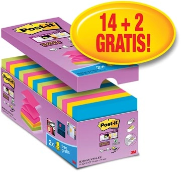 Een Post-it Super Sticky Z-notes, 90 vel, ft 76 x 76 mm, doos van 14 + 2 gratis, geassorteerde kleuren koop je bij Muys Kantoor & Kado