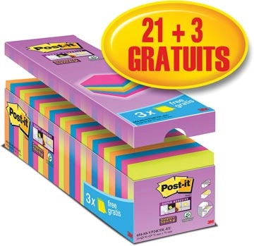 Een Post-it super Sticky notes, 90 vel, ft 76 x 76 mm, geassorteerde kleuren, pak van 21 blokken + 3 gratis koop je bij Muys Kantoor & Kado