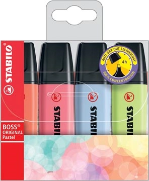 Een STABILO BOSS ORIGINAL Pastel markeerstift, etui van 4 stuks in geassorteerde kleuren koop je bij Muys Kantoor & Kado