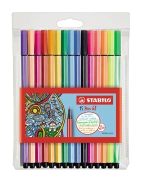 Een STABILO Pen 68 viltstift, etui van 15 stuks in geassorteerde kleuren koop je bij Muys Kantoor & Kado