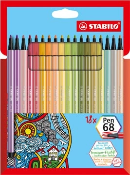 Een STABILO Pen 68 viltstift, kartonnen etui van 18 stuks in geassorteerde zachte kleuren koop je bij Muys Kantoor & Kado