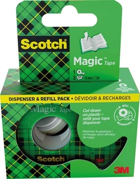 Een Scotch Magic Tape plakband ft 19 mm x 7,5 m, dispenser + 3 rolletjes, ophangbaar doosje koop je bij Muys Kantoor & Kado