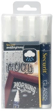 Een Securit Waterproof krijtmarker medium wit, blister met 4 stuks koop je bij Muys Kantoor & Kado