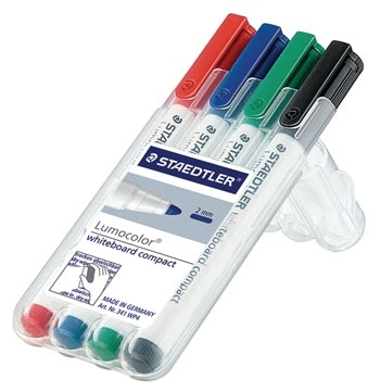 Een Staedtler whiteboardmarker Lumocolor Compact opstelbare box met 4 stuks in geassorteerde kleuren koop je bij Muys Kantoor & Kado