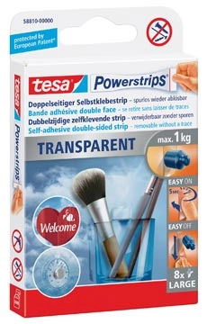 Een Tesa Powerstrips Transparent, draagkracht 1 kg, transparant, blister van 8 stuks koop je bij Muys Kantoor & Kado