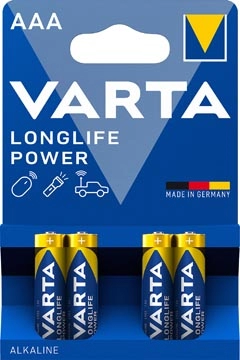 Een Varta batterij Longlife Power AAA, blister van 4 stuks koop je bij Muys Kantoor & Kado