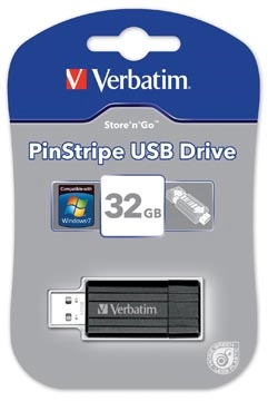 Een Verbatim PinStripe USB 2.0 stick, 32 GB, zwart koop je bij Muys Kantoor & Kado