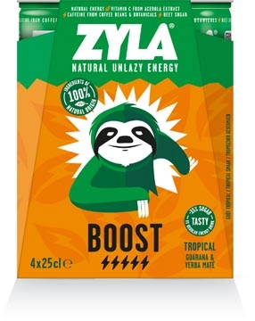 Een Zyla energiedrank Boost, tropical, blik van 25 cl, pak van 4 stuks koop je bij Muys Kantoor & Kado