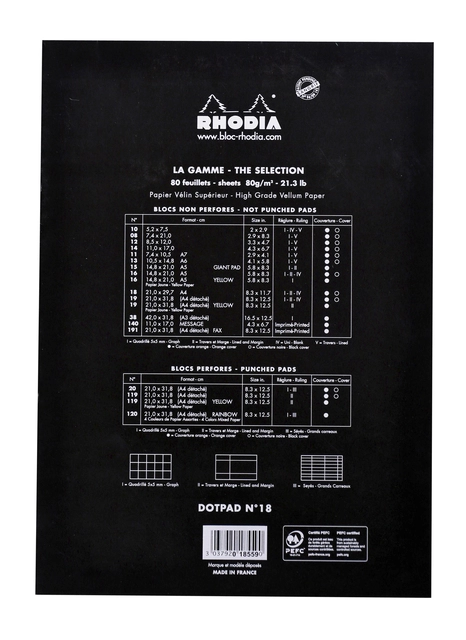 Een Schrijfblok Rhodia A4 dots 80 vel 90gr zwart koop je bij VHK Kantoorartikelen