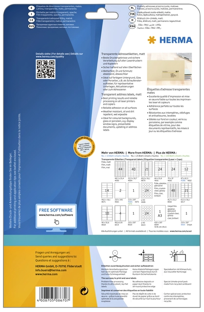 Een Etiket HERMA 8670 A4 63.5x38.1mm folie transparant mat 525st koop je bij VHK Kantoorartikelen