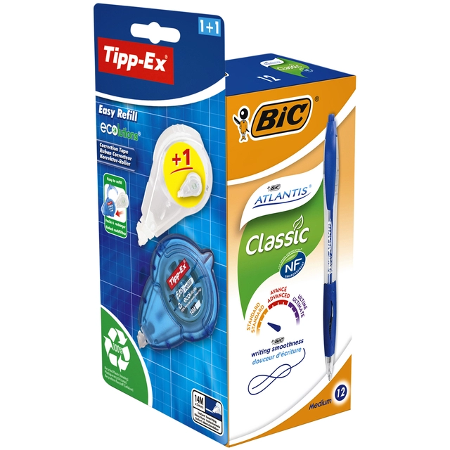 Een Balpen BIC Atlantis + gratis Tipp-Ex easy medium blauw doos à 12 stuks koop je bij VHK Kantoorartikelen