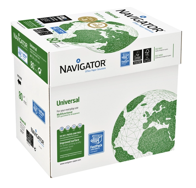 Een Kopieerpapier Navigator Universal Nonstop A4 80gr wit 2500 vel koop je bij Hoekmankantoorartikelen.nl