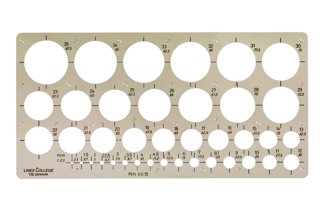 Een Cirkelsjabloon Linex 39 cirkels met inktvoetjes 1-35mm grijs koop je bij VHK Kantoorartikelen