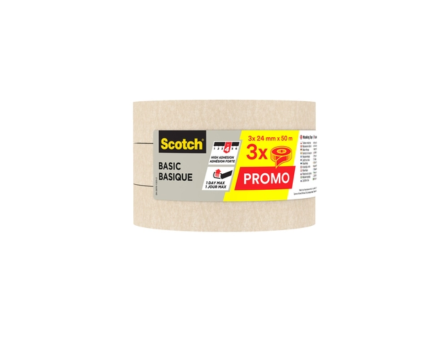 Een Afplaktape Scotch Basic 24mmx50m beige 3 rollen koop je bij Hoekmankantoorartikelen.nl