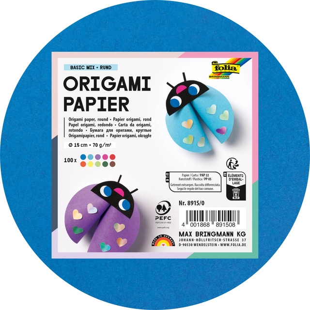 Een Origami papier Folia 70gr rond 15cm 100 vel assorti kleuren koop je bij VHK Kantoorartikelen