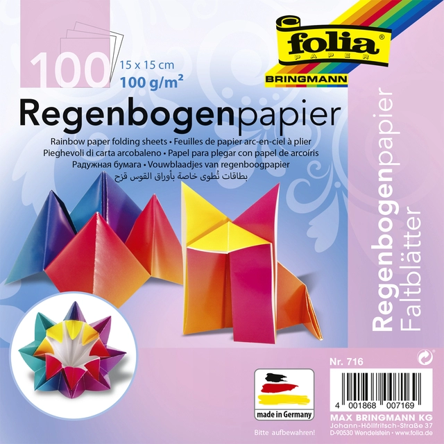 Een Vouwblaadjes Folia 100gr 15x15cm 100 vel regenboog koop je bij VHK Kantoorartikelen