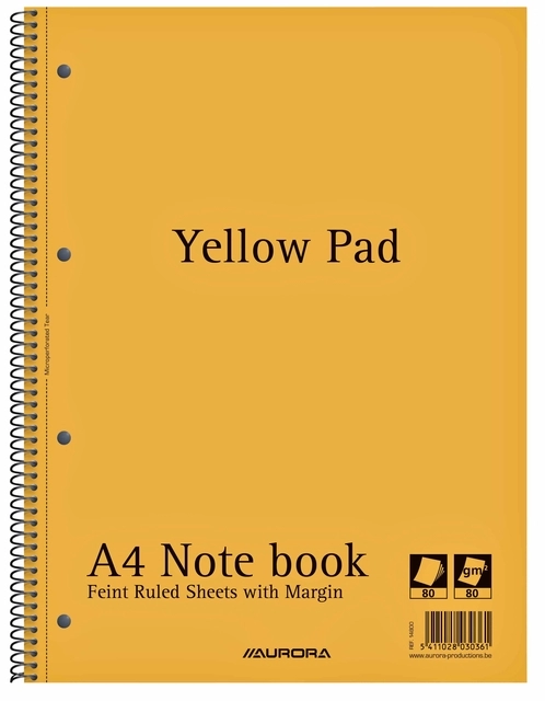 Een Collegeblok Aurora Yellow Pad A4 lijn 4-gaats 160 pagina's 80gr geel koop je bij VHK Kantoorartikelen