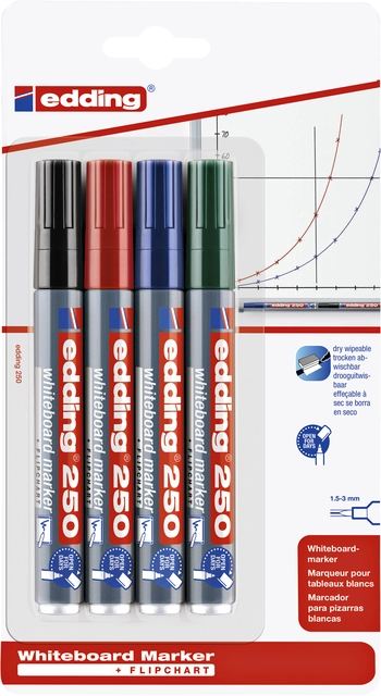 Een Viltstift edding 250 whiteboard rond 1.5-3mm assorti blister à 4 stuks koop je bij VHK Kantoorartikelen