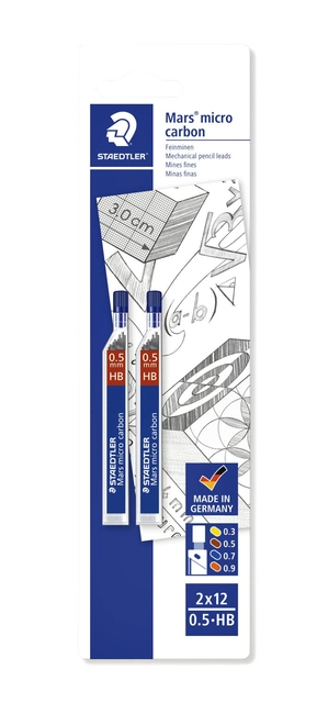 Een Potloodstift Staedtler Mars Carbon Micro 0.5mm HB blister 2 stuks koop je bij Hoekmankantoorartikelen.nl