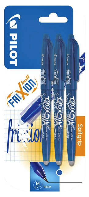 Een Rollerpen PILOT friXion medium blauw blister à 3 stuks koop je bij Hoekmankantoorartikelen.nl