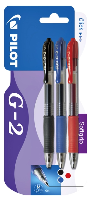 Een Gelschrijver PILOT G-2 medium assorti blister à 3 stuks koop je bij Hoekmankantoorartikelen.nl