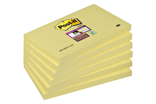 Een Memoblok Post-it 655 Super Sticky 76x127mm geel 6 stuks koop je bij Hoekmankantoorartikelen.nl