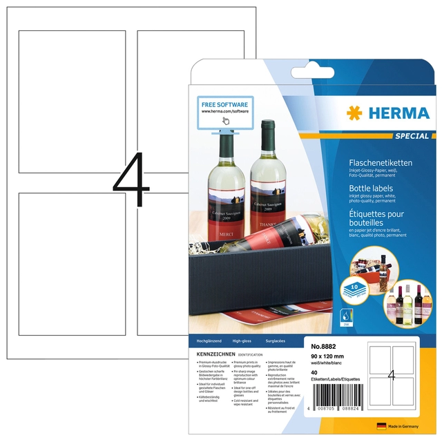 Een Etiket HERMA flessen 8882 90x120mm A4 glossy wit 40stuks koop je bij VHK Kantoorartikelen