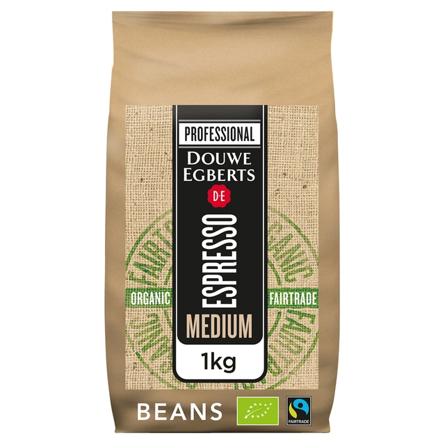 Een Koffie Douwe Egberts espresso bonen medium roast Organic en Fairtrade 1kg koop je bij VHK Kantoorartikelen